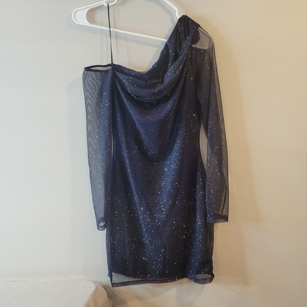 Windsor Glitter Mesh One Shoulder Long Sleeves Mini Dress Blue Size Medium